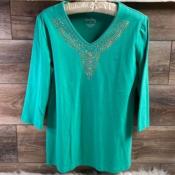 Coral Bay Embellished Blouse Top Vneck, Green , Size Small - Picture 2 of 6